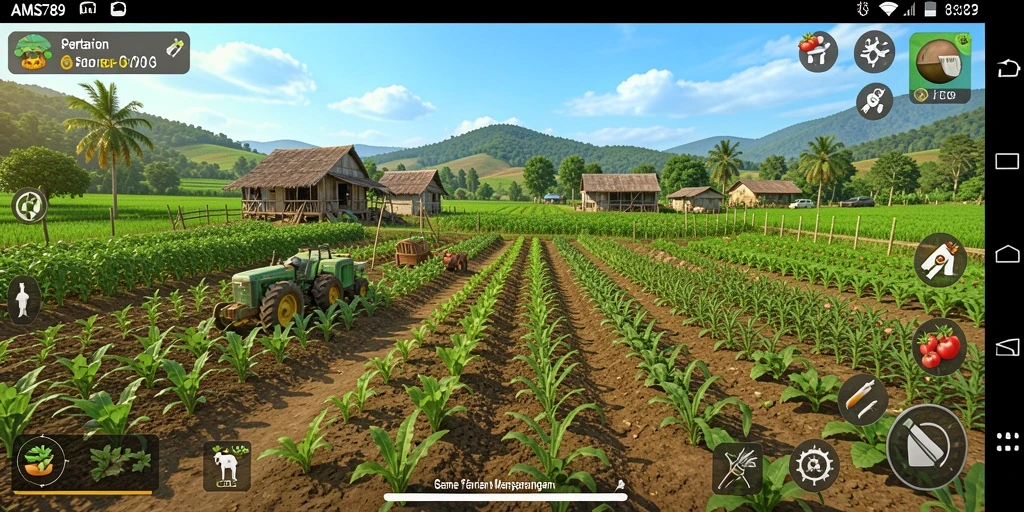Screenshot permainan yang menunjukkan ladang yang subur dan hewan ternak.