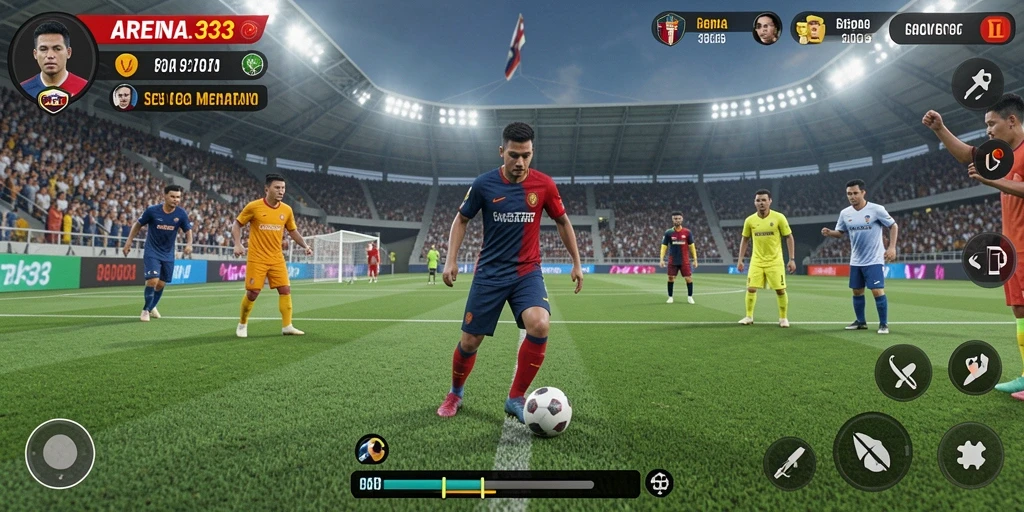 Tampilan gameplay menegangkan dalam <strong>ARENA333</strong> yang menggambarkan aksi sepak bola.