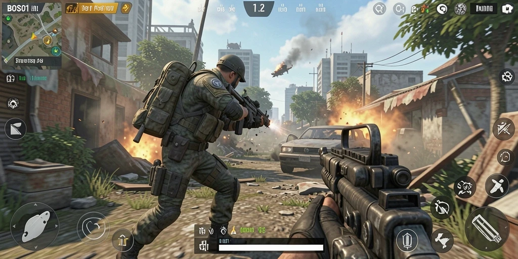 Tangkapan layar gameplay dinamis dari BOS01 menunjukkan aksi mendebarkan TPS.