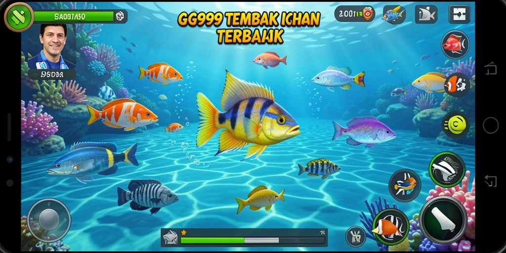 Tampilan gameplay GG999 yang seru dan penuh warna saat membidik ikan.