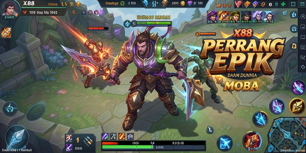 Tampilan screenshot X88 menunjukkan peperangan seru dalam arena MOBA.